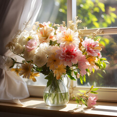 flowers in a vase against a blurred window background