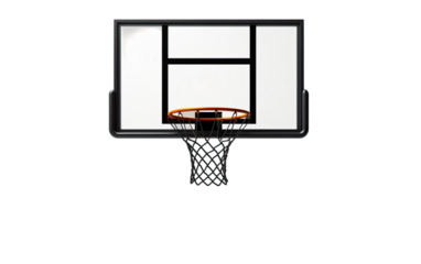 Basketball hoop with black border and white back board on a White or Clear Surface PNG Transparent Background.