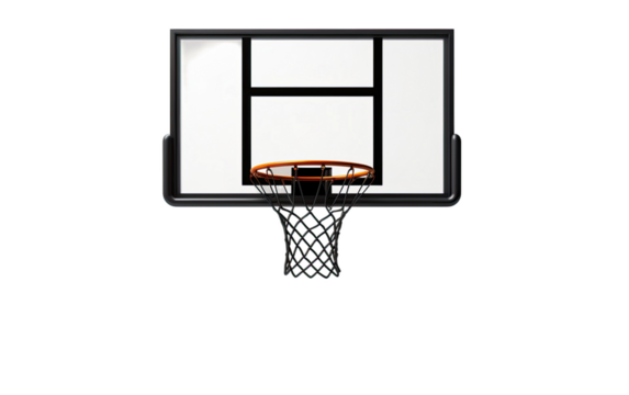 Basketball hoop with black border and white back board on a White or Clear Surface PNG Transparent Background. - Powered by Adobe