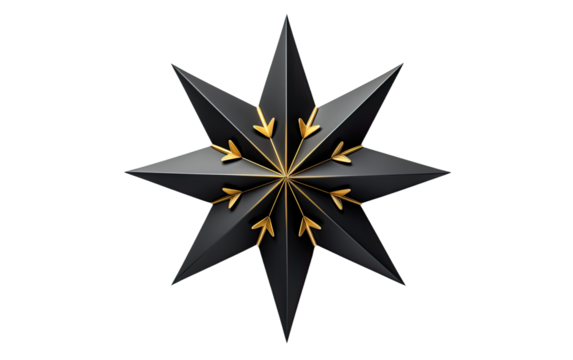 Black star surrounded with golden arrows on a White or Clear Surface PNG Transparent Background.