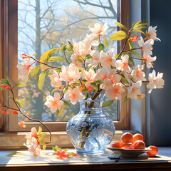 flowers in a vase against a blurred window background
