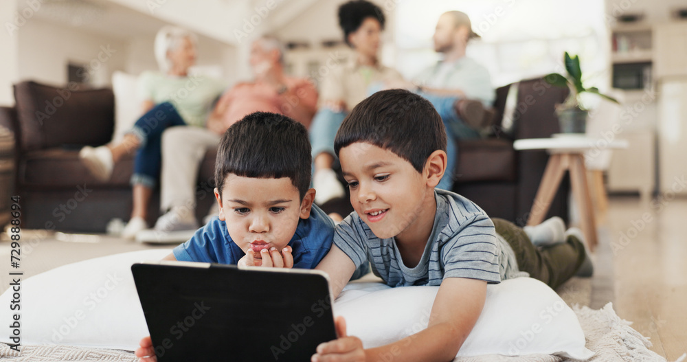 Poster Home, tablet and relax family children watch video, subscription movie or streaming cartoon film, media or web app. Gaming friends, brothers and kids playing online games, bonding and lying on floor