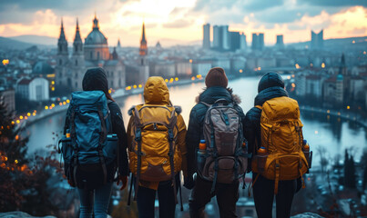 Young Students with Backpacks Gazing at World Landmarks, Symbolizing Study Abroad and International Education Programs for Cultural Exchange