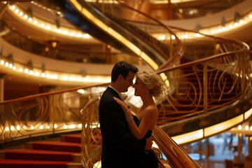 smitten pair, elegant staircase of cruise ship curving behind