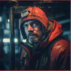 photo of a drilling technician working on a rig on a cold winter day in the far north. Hasselblad X1D II with 10mm lens, cinematic light