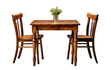 Oak Wood Table with Two Chairs and flower in jar on it on a White or Clear Surface PNG Transparent Background.