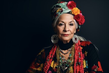 Portrait of a beautiful senior woman in a colorful headscarf.