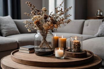 Fototapeta na wymiar Wooden tray with burning candles and dried flowers in living room interior