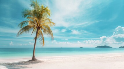 Fototapeta na wymiar Panoramic banner of idyllic tropical beach with palm tree