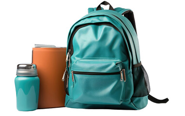 Turquoise Backpack with Lunch Box on a White or Clear Surface PNG Transparent Background.