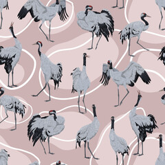 Seamless pattern with gray cranes Grus communis in different poses. Realistic vector bird