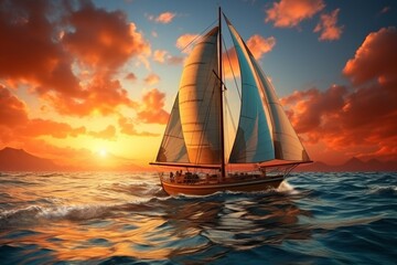 Majestic and serene. beautiful white sailing yacht gliding through the ocean at captivating sunset