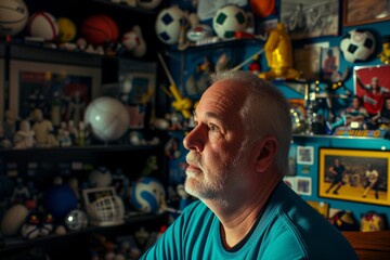 man with collection of sports memorabilia background