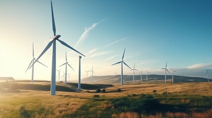 Obraz premium A wind farm with turbines to generate environmentally friendly renewable electricity in the mountain plains on the fong of the blue sky on a sunny day.