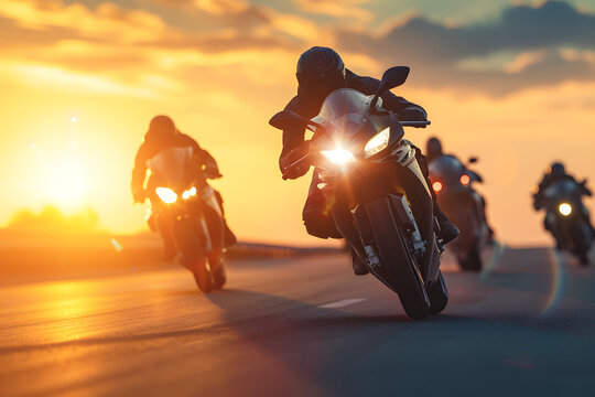 group of super sport motorcycle riders riding together at sunset