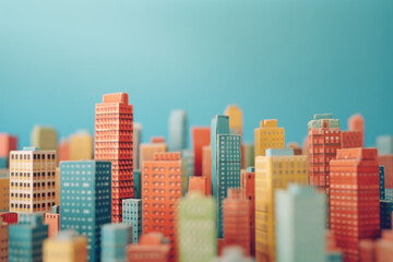 Origami city tall buildings on a plain colored background