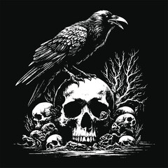 Dark Art Crows Raven Bird with Skull and Bones Grunge Vintage Old School Style illustration for Merch