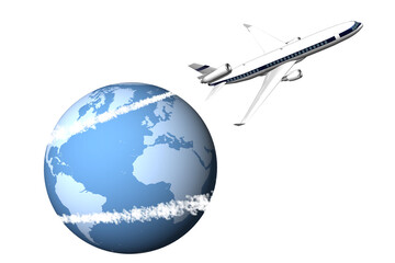 PNG. Trasparente. Aeroplano  con sullo sfondo il mondo con le sue possibili destinazioni.. © massimo_g