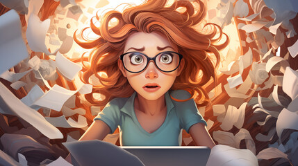 Girl, young woman, cartoon, animation, depicting the idea of a rush of tasks, confusion, ADHD,...