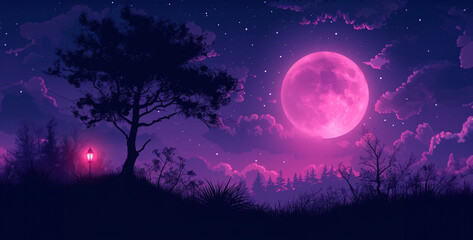 Fototapeta na wymiar Night forest landscape with full moon. Vector illustration. night landscape with moon and clouds