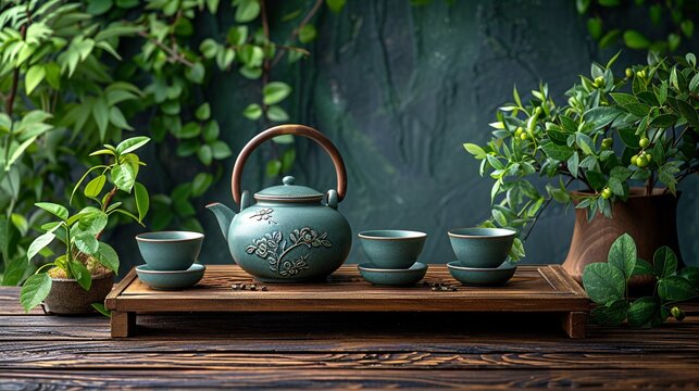 A Tea Party with a Modern Twist Enjoy a Cup of Tea in a Bamboo Tray Generative AI