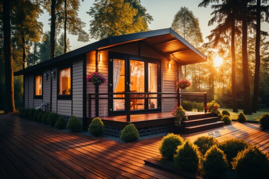 A frame wooden house in the forest at sunset