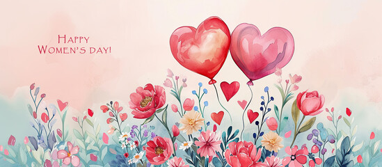 Women's Day greeting. Bouquets of spring flowers and heart-shaped balloons