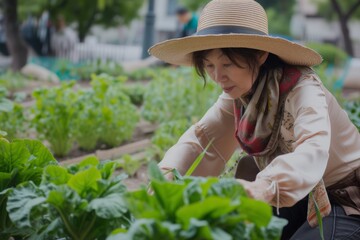 lady in straw hat and silk scarf tending to community garden