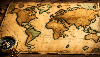 Landkarte mit Inseln und Kontinenten auf altem vergilbten Pergament Papier beschädigt mit Kompass in warmen Licht der goldenen Stunde auf einem Holztisch ausgerollt, Windrose Reisen Navigation maritim