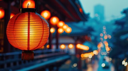 A red lantern glows against an evening blur of city lights. Perfect for themes of celebration and traditional culture, it also serves as a captivating background for design.