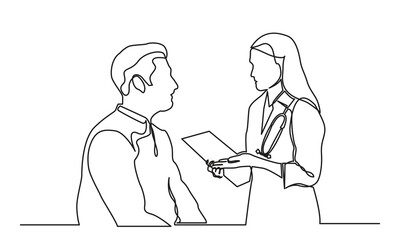 continuous line drawing of a female doctor talking to a male patient in a hospital.single-line female doctor with a stethoscope treats a patient man. Concept of hospital and health care service vector