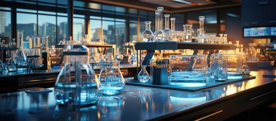 research and development laboratory background, microscope and laboratory glassware with molecular symbols