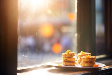 sunlight casting glow on carrot cakes in storefront