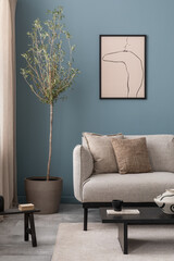 Minimalist composition of living room interior with blue background, black poster frame mock up,...