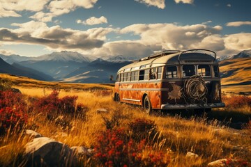 old rusty abandoned bus stands in the desert. Beautiful view of the snowy mountains in the distance