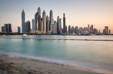 Dubai panorama skyline at dramatic sunset in Marina, United Arab Emirates