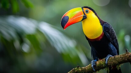A colorful toucan perched on a lush branch in the heart of the Amazon rainforest