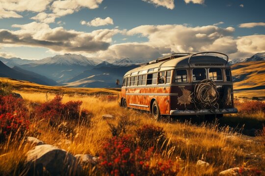old rusty abandoned bus stands in the desert. Beautiful view of the snowy mountains in the distance - Powered by Adobe