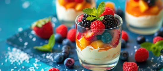 High quality photo of fruit dessert on blue board.