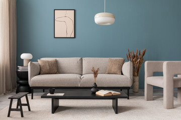 Creative composition of living room interior with mock up poster frame, grey sofa, black coffee...