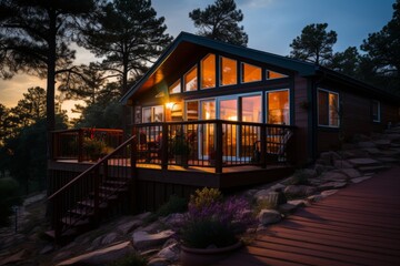 Obraz premium Stunning contemporary frame house set amidst majestic coniferous forest with tranquil surroundings