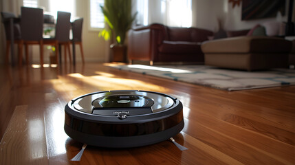 close up of a robotic vacuum glides seamlessly across a polished hardwood floor