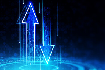 Creative up and down arrows on dark blue background. The concept of digital traffic or exchange. Business growth or investment ideas. Blue arrow technology background. 3D Rendering. © Who is Danny