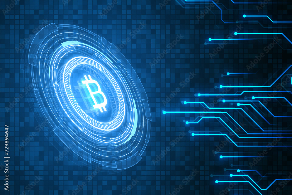 Poster abstract glowing crypto coins on dark blue backdrop with circuit lines. cryptocurrency, digital mone