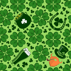 Saint Patrick's day seamless pattern with Beer glass, Leprechaun, Pot of golden coins and Horseshoe. Vector illustration