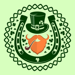 Saint Patrick's Day Holiday poster, banner, label, badge, emblem or greeting card design with Irish leprechaun and Horseshoe. Vector illustration	