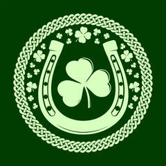 Shamrock clover and Horseshoe in Celtic Style Round frame. St. Patrick's Day label, badge or emblem. Vector illustration