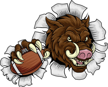 A wild boar, hog razorback warthog pig mean tough cartoon sports mascot holding an American football ball