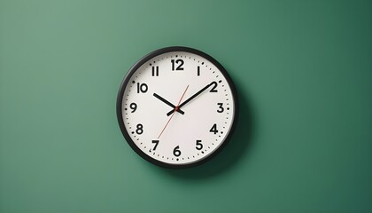 Time: Round Clock Adorning a green Wall.
