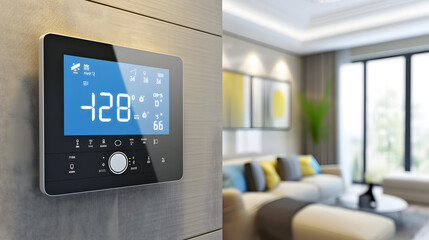 shot of a smart thermostat mounted on a living room wall, displaying an eco-friendly temperature setting